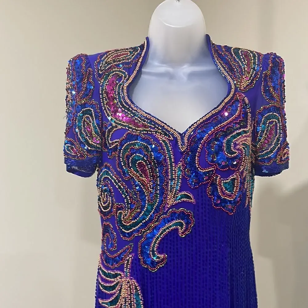 VTG Alyce Design Beaded Sequins Evening Gown Dress. Size 12 L large 100% silk